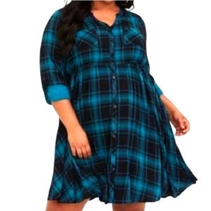 Torrid Womens 3X Mini Challis Button-Front Plaid Shirt Dress with Pockets